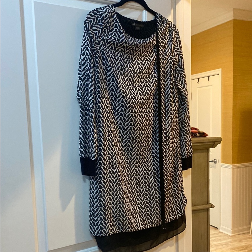 Armani Exchange Black and White Sheath Dress with Cuffed Long Sleeves